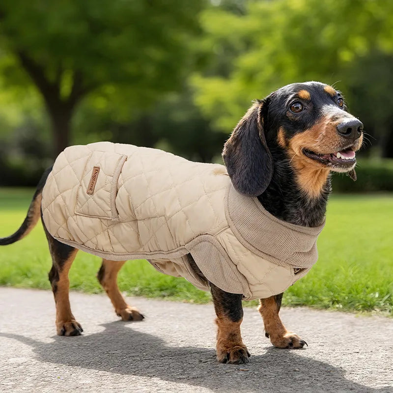 Manteau à carreaux pour teckel – veste d’hiver chaude, confortable et élégante
